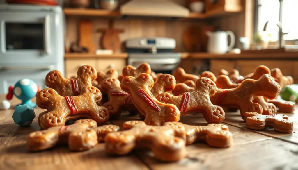 Dog-shaped bacon treats arranged on a wooden surface, with a rustic kitchen background, soft natural lighting enhancing the texture of the treats, and some scattered dog toys nearby for a playful atmosphere.