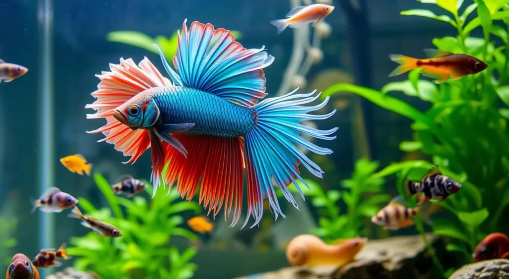 A vibrant underwater scene featuring a majestic betta fish displaying its flowing fins and bright colors, swimming gracefully among various peaceful tank mates such as small neon tetras, a gentle snail, and a curious corydoras catfish, set against a lush backdrop of aquatic plants and soft lighting, capturing the essence of harmony and temperament in a shared aquatic environment.