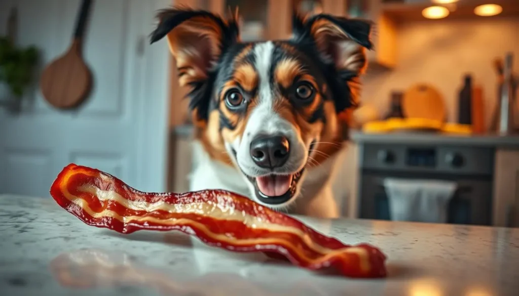 A playful scene of a happy dog eyeing a delicious strip of crispy bacon on a kitchen countertop, with warm lighting highlighting the dog's eager expression and the tempting sheen of the bacon. The background features a cozy home setting, emphasizing the bond between pets and their owners.