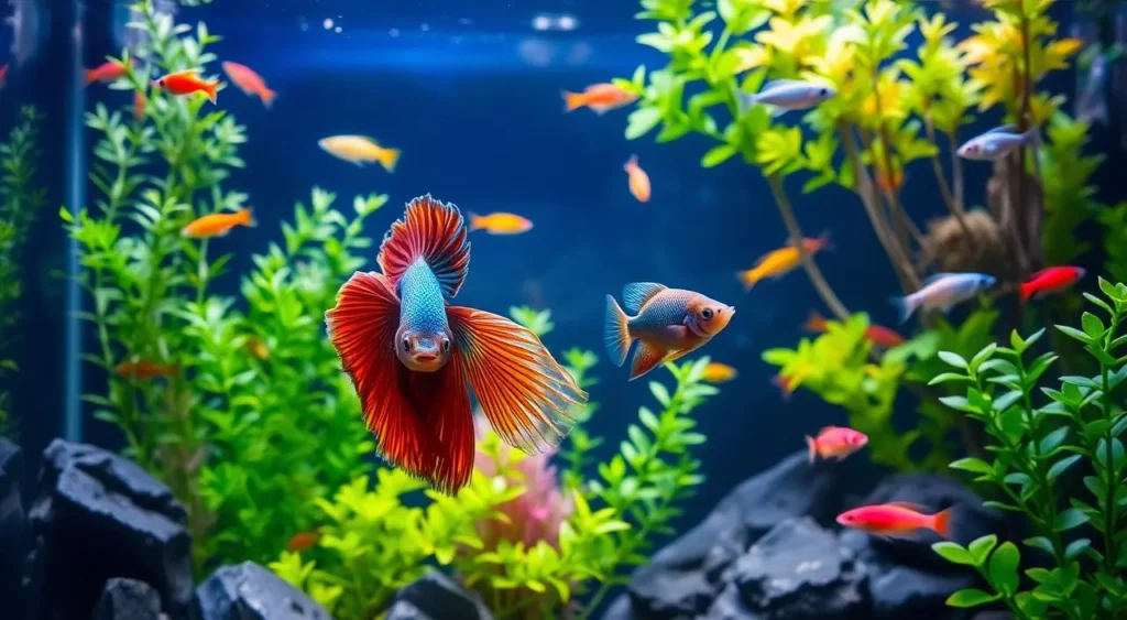 A vibrant aquarium scene featuring a betta fish in the foreground, surrounded by harmonious tank mates like neon tetras, corydoras catfish, and guppies, with aquatic plants providing lush greenery and soft lighting illuminating the water, showcasing a peaceful underwater environment.