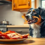 A cheerful dog sitting attentively in a kitchen, gazing at a plate of crispy bacon on the counter, the setting is warm and inviting with soft lighting, wooden cabinets, and vibrant kitchen utensils in the background, conveying a sense of curiosity and temptation.