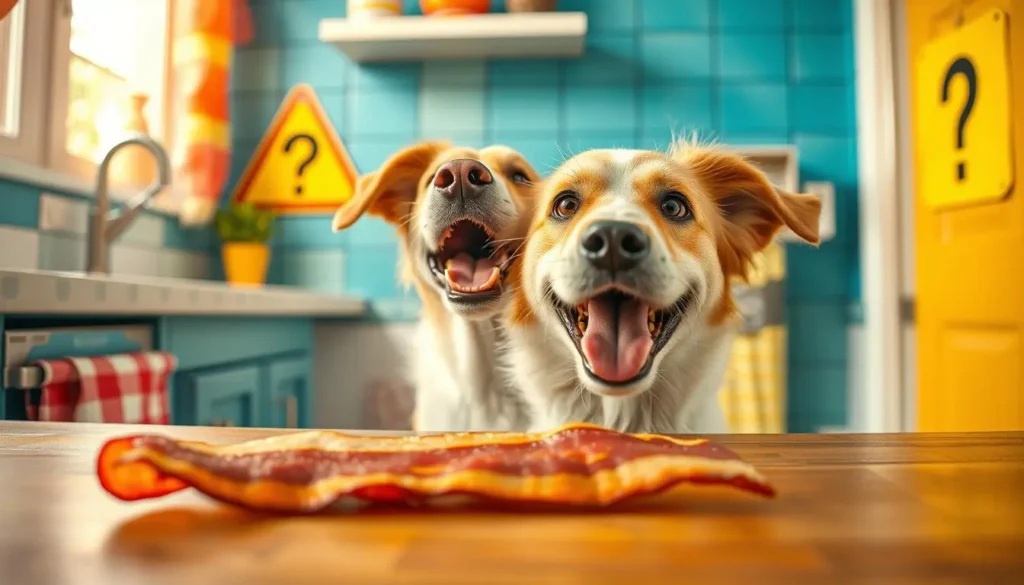 A cheerful dog sitting attentively in a kitchen, gazing at a plate of crispy bacon on the counter, the setting is warm and inviting with soft lighting, wooden cabinets, and vibrant kitchen utensils in the background, conveying a sense of curiosity and temptation.