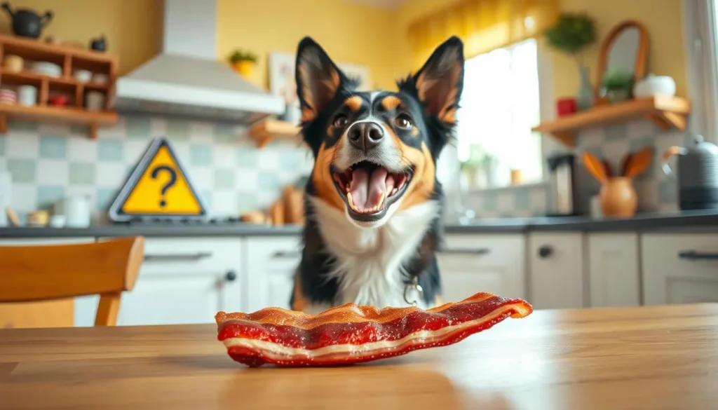 A cheerful dog sitting attentively in a kitchen, gazing at a plate of crispy bacon on the counter, the setting is warm and inviting with soft lighting, wooden cabinets, and vibrant kitchen utensils in the background, conveying a sense of curiosity and temptation.