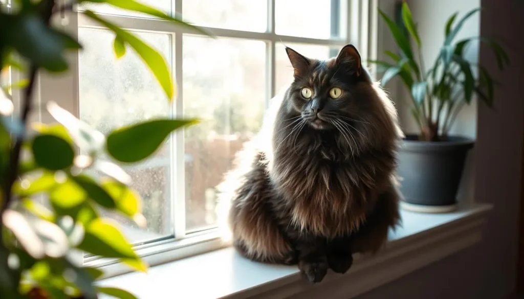 A regal black smoke Maine Coon sitting gracefully on a sunlit windowsill, its thick fur shimmering with shades of deep gray and silver, striking green eyes gazing curiously outside, surrounded by lush indoor plants and soft natural light filtering through the glass.