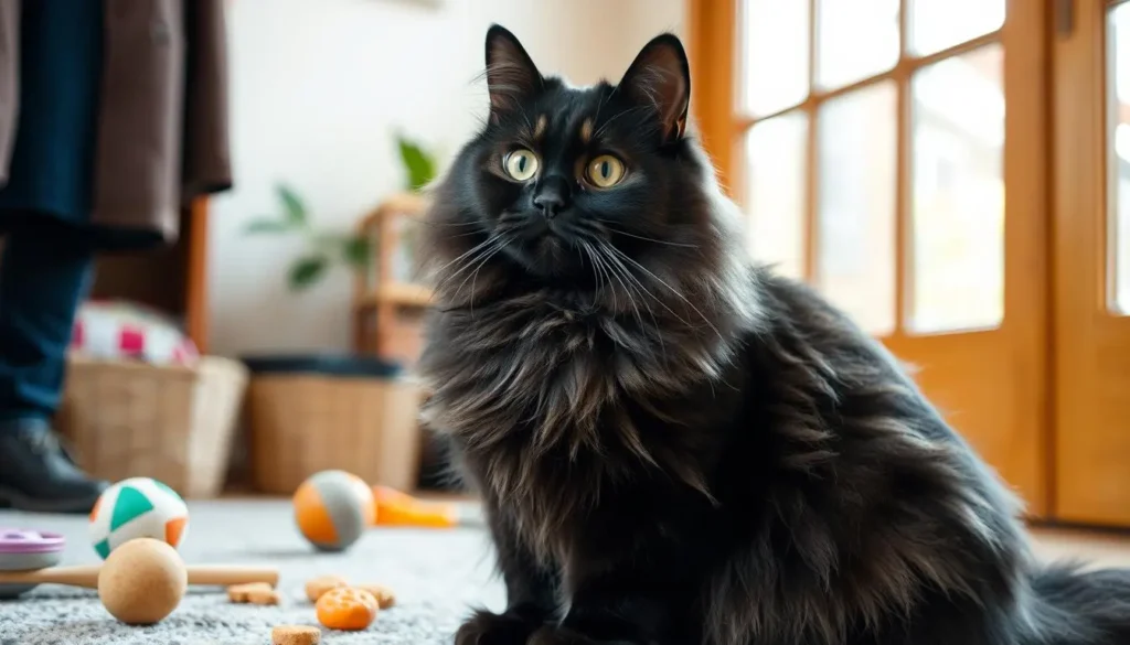 A black smoke Maine Coon cat sitting attentively during a training session in a cozy indoor space, showcasing its majestic fur with shades of dark gray and black, surrounded by various training tools like toys and treats, with soft natural light filtering through a nearby window, highlighting the cat's focused expression and large tufted ears