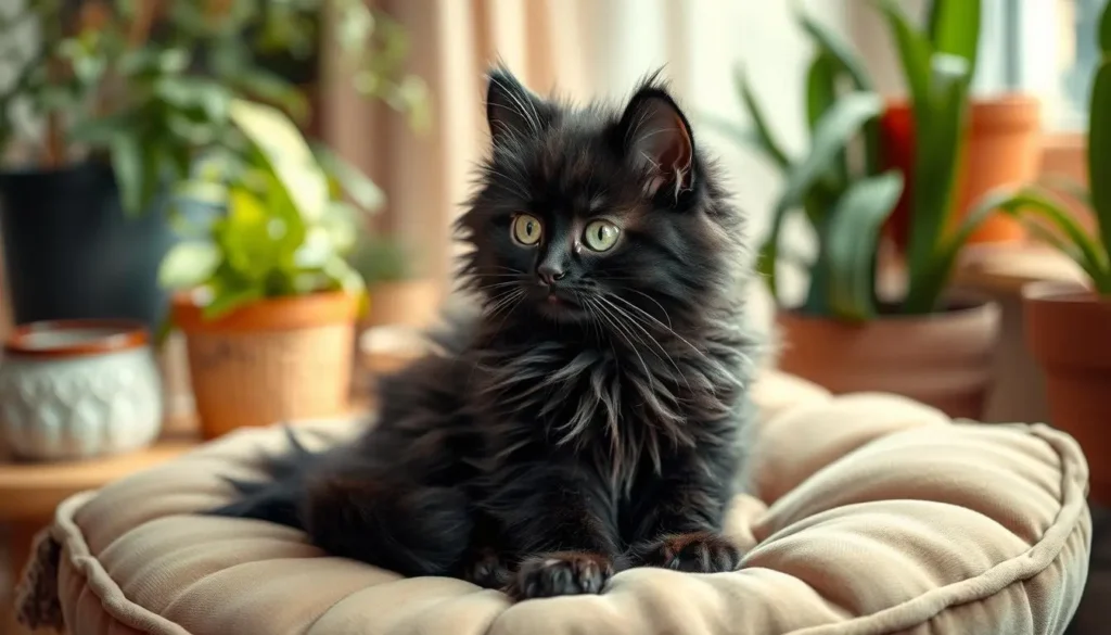 A black smoke Maine Coon kitten with striking green eyes, sitting gracefully on a plush velvet cushion, its luxurious fur glowing softly in the warm light, surrounded by delicate houseplants and a cozy home environment, displaying its large tufted ears and bushy tail.