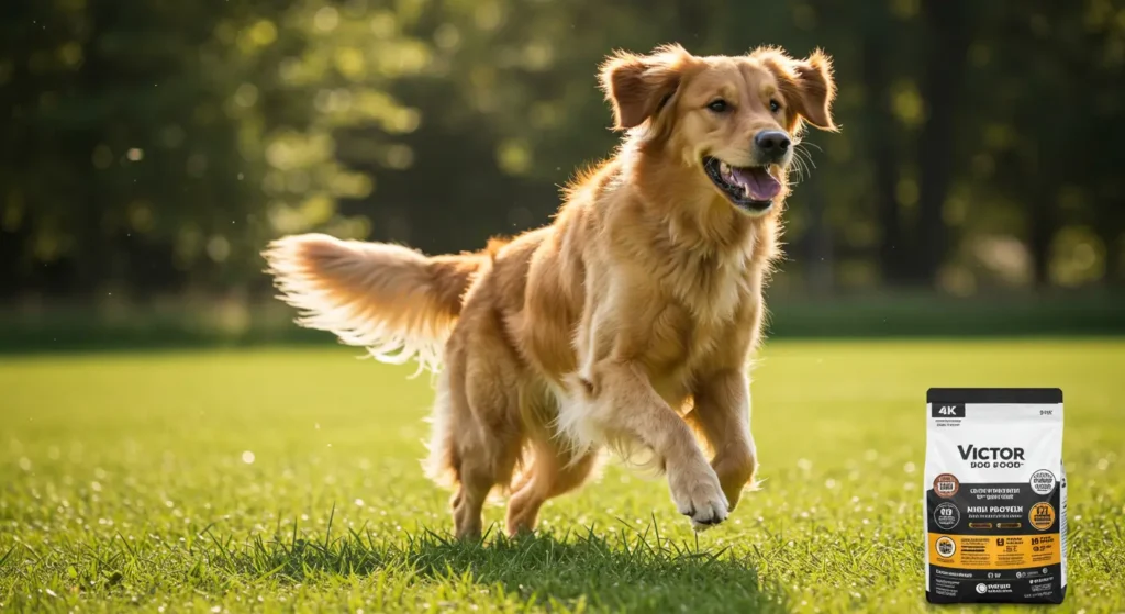  A golden retriever running through a field, symbolizing healthy nutrition.