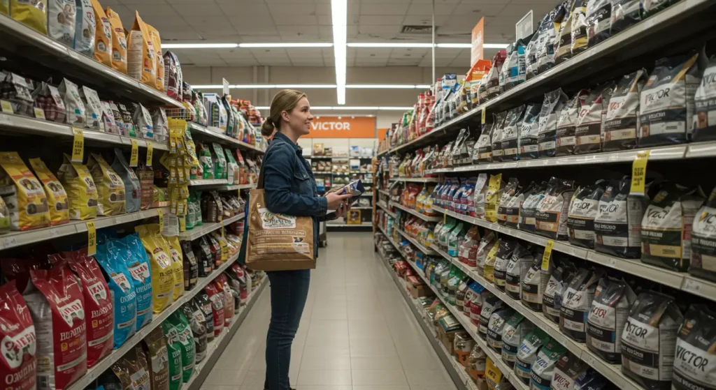 A pet owner browsing Victor Dog Food at a pet store.